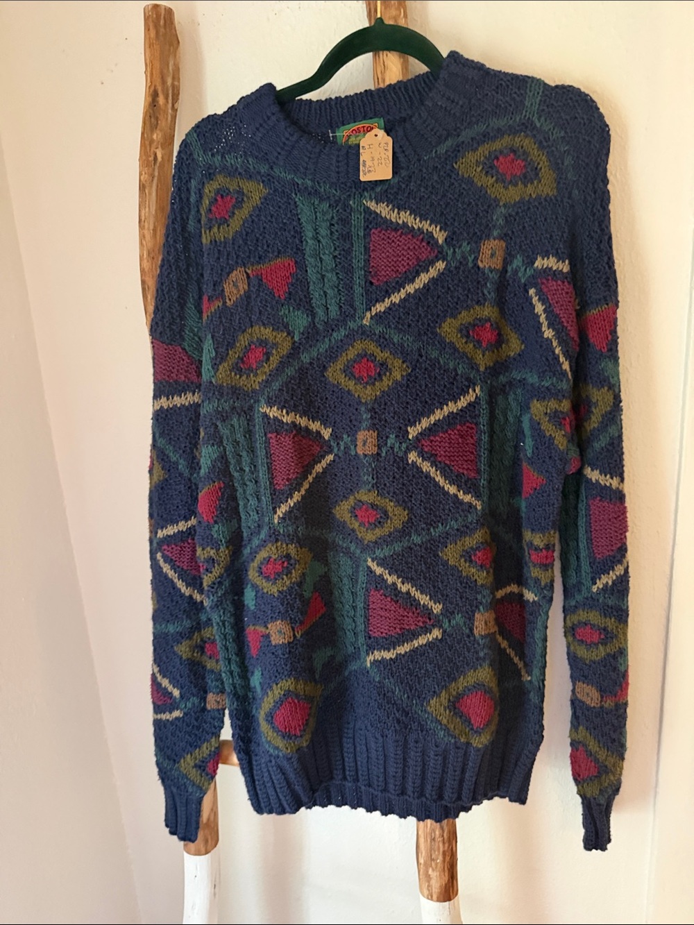 Boston Traders Vintage 80s 90s Navy Geometric Crewneck Sweater Accents